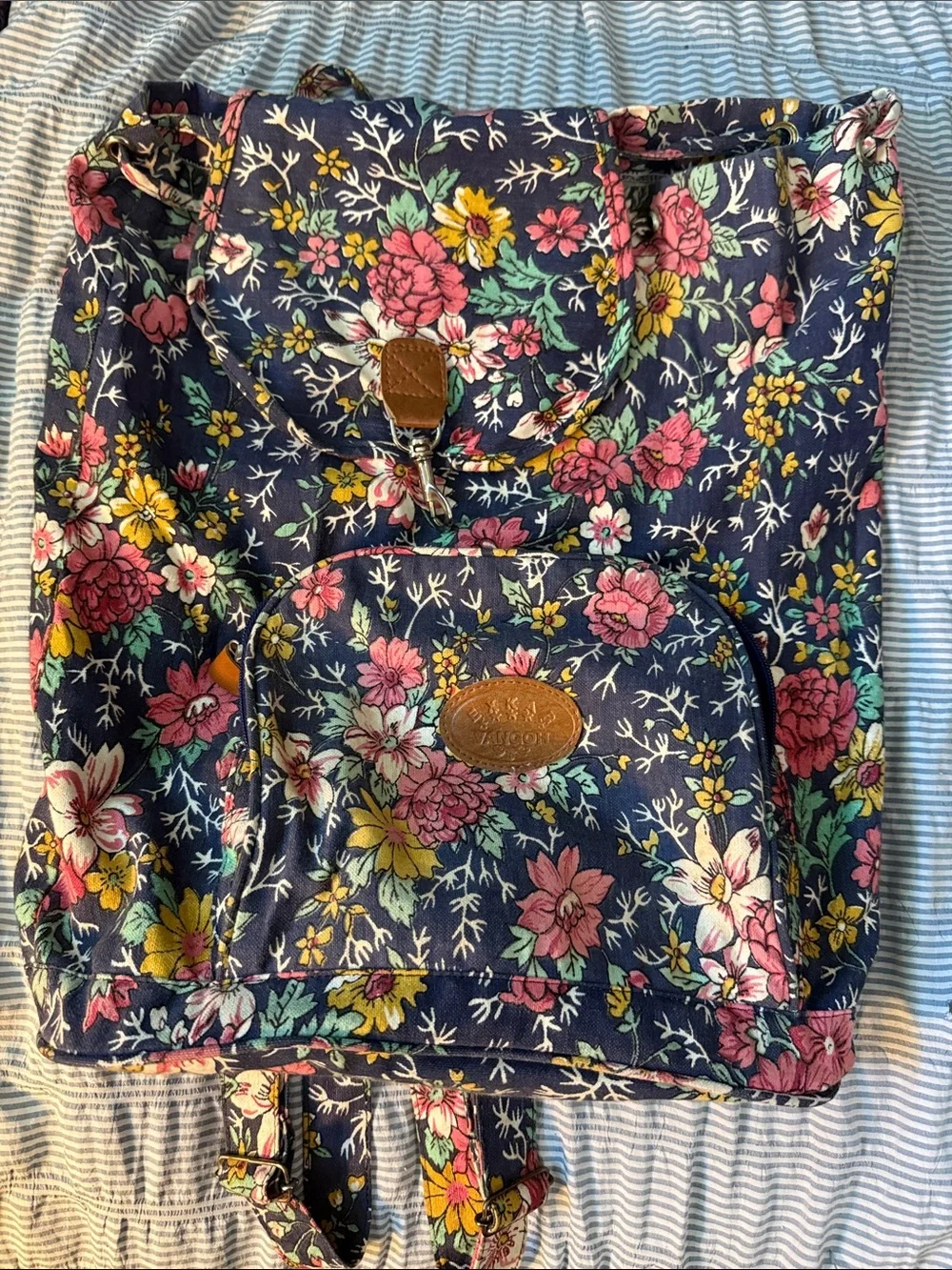 Navy Floral Canvas Backpack with Pink & Yellow Accents